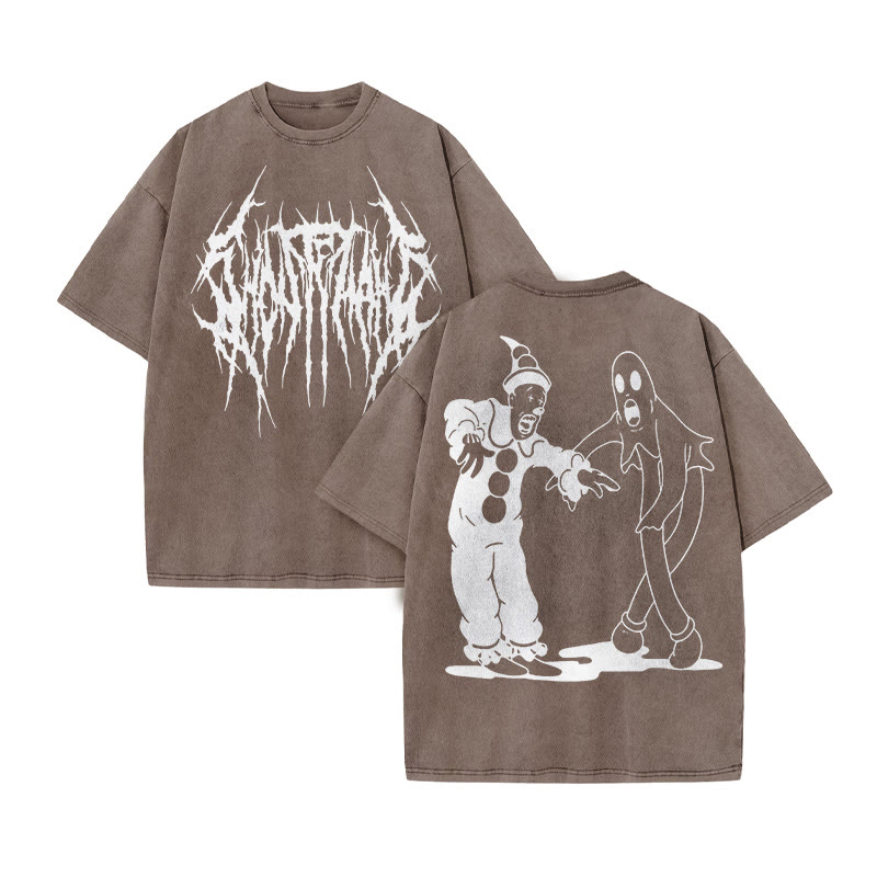 Unisex Clown And Ghost Print Acid Washed T-shirt - Coffee - US20-22(3XL) - image 5