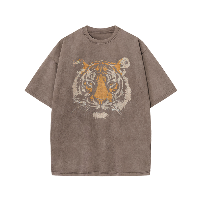 Vintage Tiger Head Round Neck Graphic Print Acid Washed T-Shirt - Coffee - US20-22(3XL) - image 7