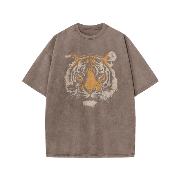 Vintage Tiger Head Round Neck Graphic Print Acid Washed T-Shirt - Coffee - US20-22(3XL) - image 7