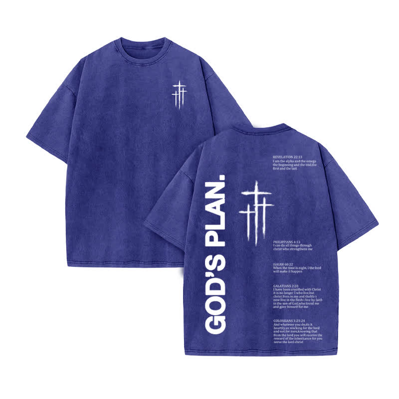 Unisex 100% Cotton God Plan Print Acid Washed T-shirt - Blue - US20-22(3XL) - image 10