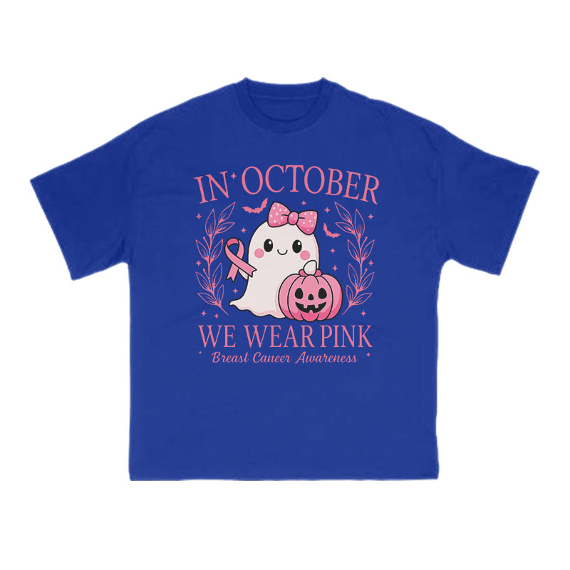 Unisex In October We Wear Pink Halloween Cancer Print T-shirt - Blue - US16-18(2XL) - image 8