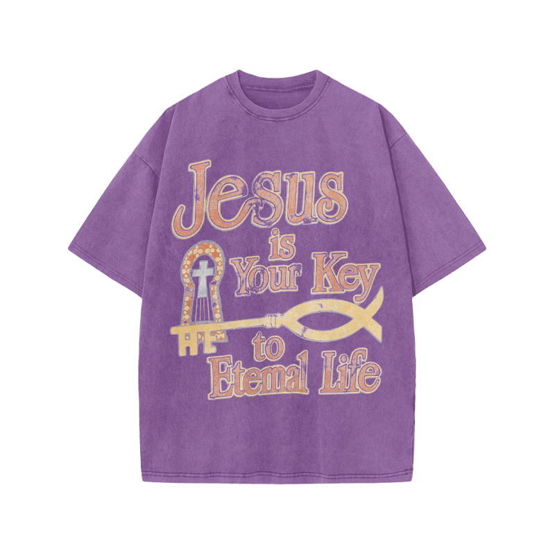 Jesus Is Your Key To Eternal Life Print Acid Washed T-shirt - Purple - US20-22(3XL) - image 6