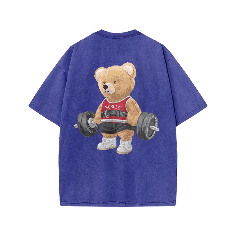 100% Cotton Lifting Bear Gym Print Acid Washed T-shirt - Blue - US20-22(3XL) - image 8