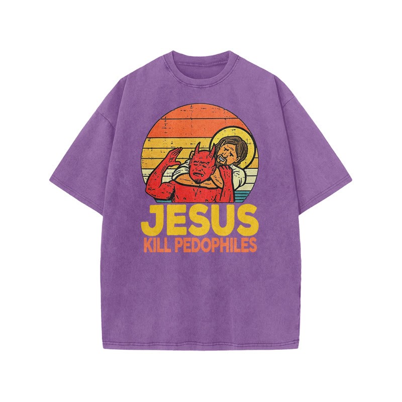 Jesus Kill Pedophiles Print Acid Washed T-shirt - Purple - US20-22(3XL) - image 8