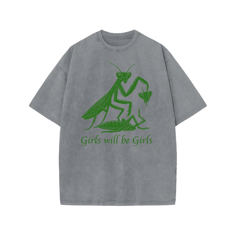 Girls Will Be Girls Print Acid Washed T-shirt - Grey - US20-22(3XL) - image 3