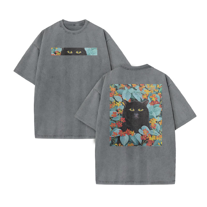 A Black Cat In A Field Of Blue Leaves Print Acid Washed T-shirt - Grey - US20-22(3XL) - image 4