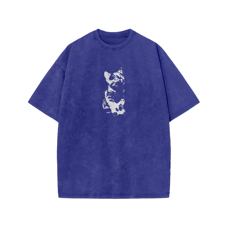 Unisex 100% Cotton Cute Cat Print Acid Washed T-shirt - Blue - US20-22(3XL) - image 8