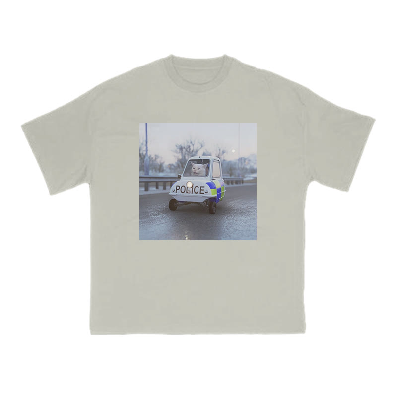 Unisex 100% Cotton Cat Driving A Police Car Print T-shirt - Warm Grey - US16-18(2XL) - image 4