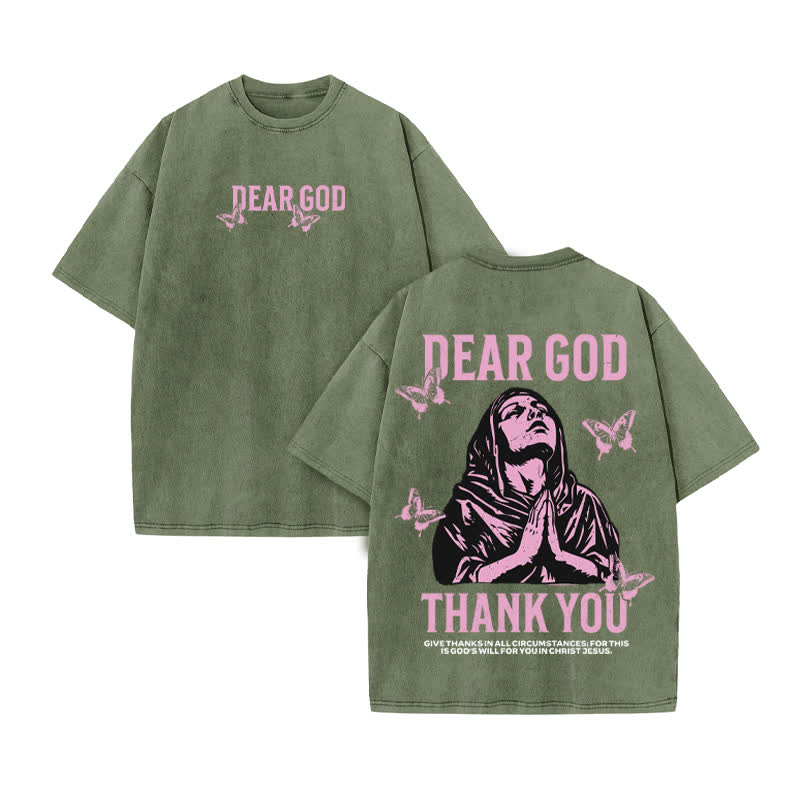 Unisex Thank You Dear God Print Acid Washed T-shirt - Army Green - US20-22(3XL) - image 6