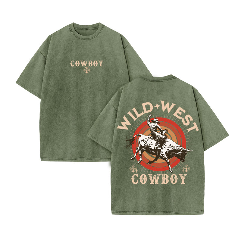 Unisex 100% Cotton Wild Western Style Print Acid Washed T-shirt
