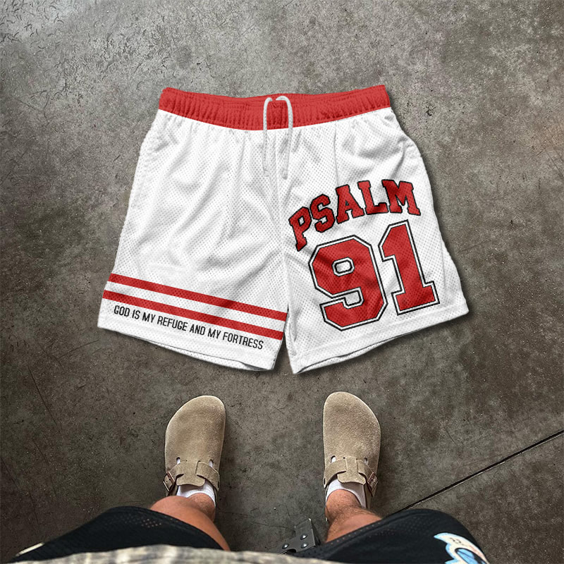 Psalm 91 God Is My Refuge Print Mesh Shorts - White - 5XL - image 1
