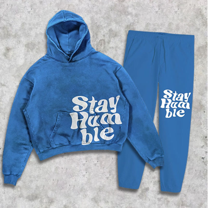Hip-hop Style Stay Humble Print Hoodie Two-piece Set
