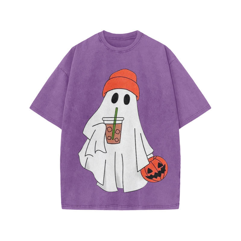 Unisex Halloween Ghost Drinking Coffee Print Acid Washed T-shirt - Purple - US20-22(3XL) - image 6
