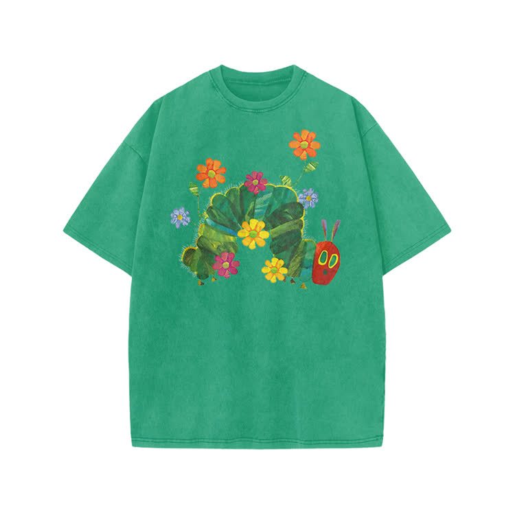 Playful Cartoon Floral Graphic Print Acid Washed T-Shirt - Green - US20-22(3XL) - image 9