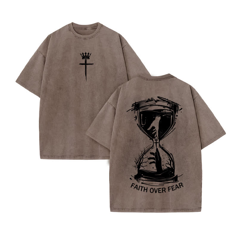 Unisex 100% Cotton Faith Hourglass Print Acid Washed T-shirt - Coffee - US20-22(3XL) - image 4