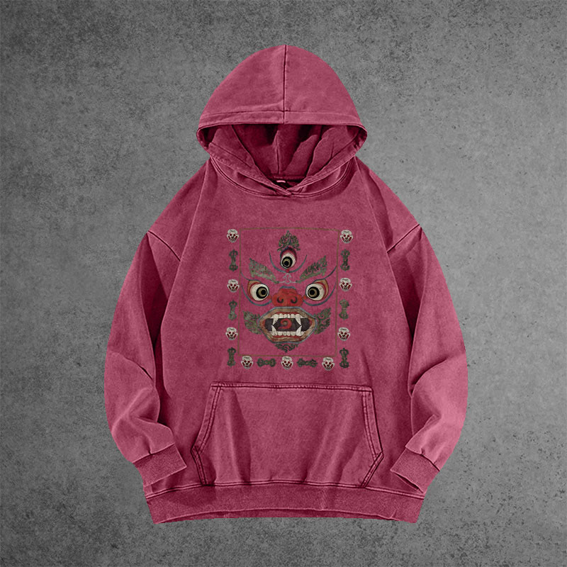 Unisex 100% Cotton Tibetan Mahakala Japan Art Vintage Printed Washed Hoodie 