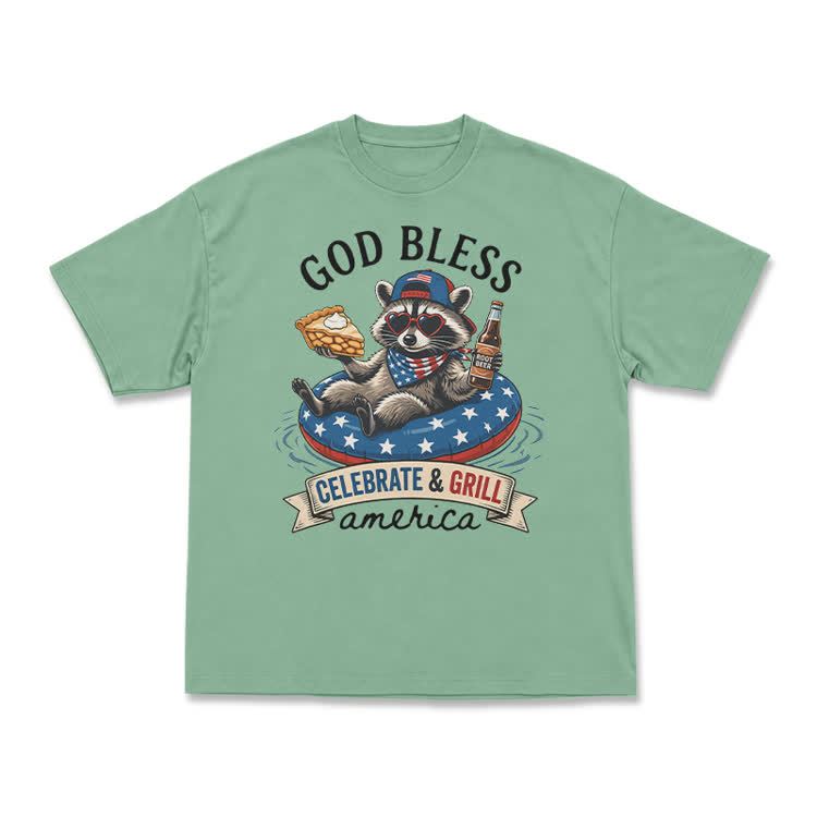Casual Patriotic Raccoon Graphic T-Shirt - Light Green - US16-18(2XL) - image 3