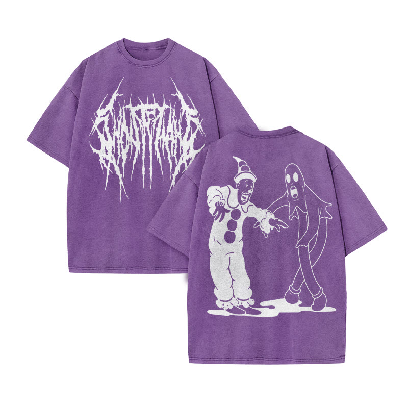 Unisex Clown And Ghost Print Acid Washed T-shirt - Purple - US20-22(3XL) - image 7
