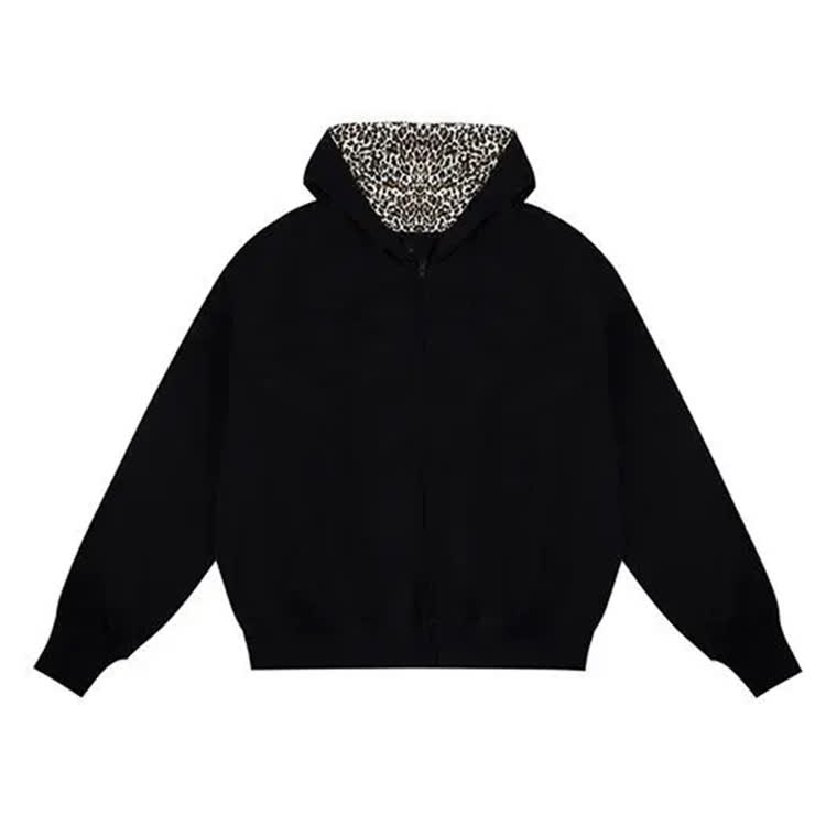 Women's Retro Leopard Print Zip-up Hoodie - Black - 2XL - image 7