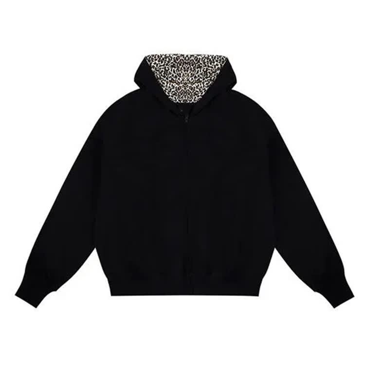 Women's Retro Leopard Print Zip-up Hoodie - Black - 2XL - image 7