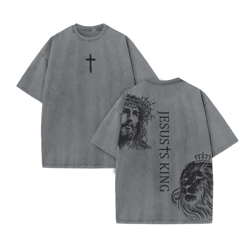 Unisex 100% Cotton Jesus Is King Print Acid Washed T-shirt - Grey - US20-22(3XL) - image 5