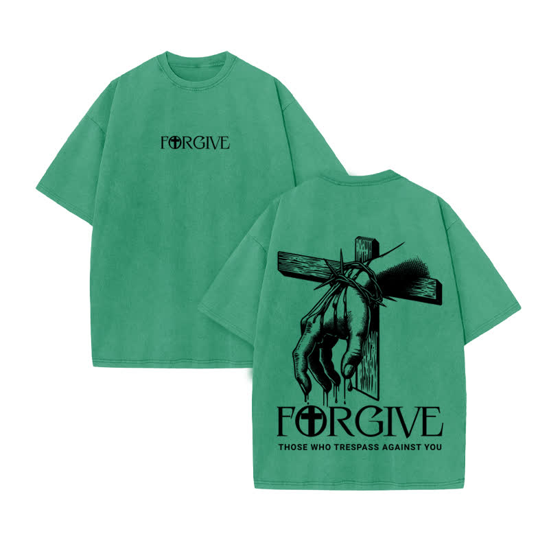 Unisex 100% Cotton Forgive Print Acid Washed T-shirt - Green - US20-22(3XL) - image 7