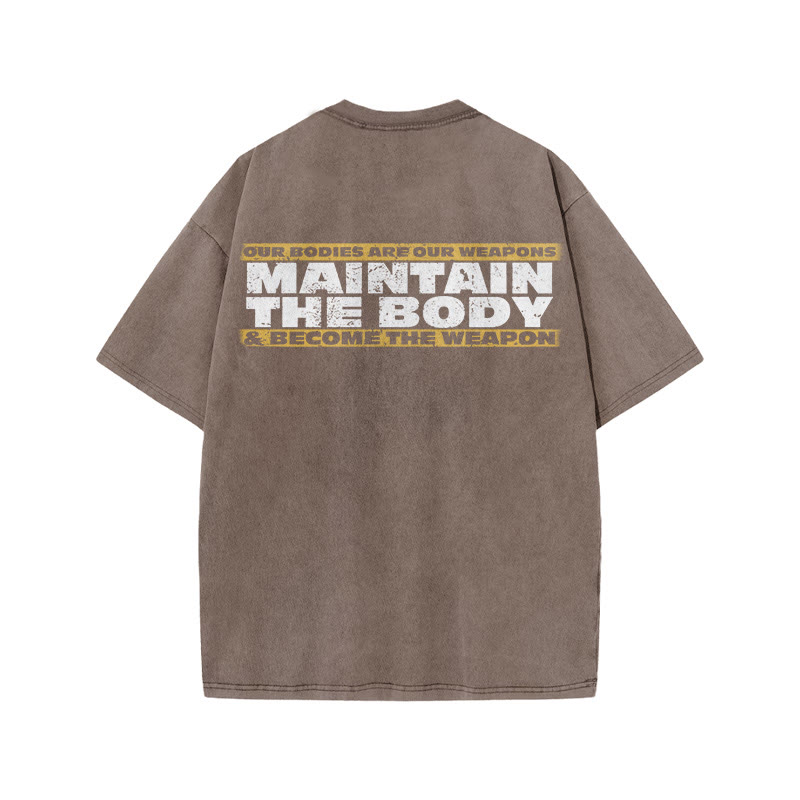 100% Cotton Maintain The Body Gym Print Acid Washed T-shirt - Coffee - US20-22(3XL) - image 5