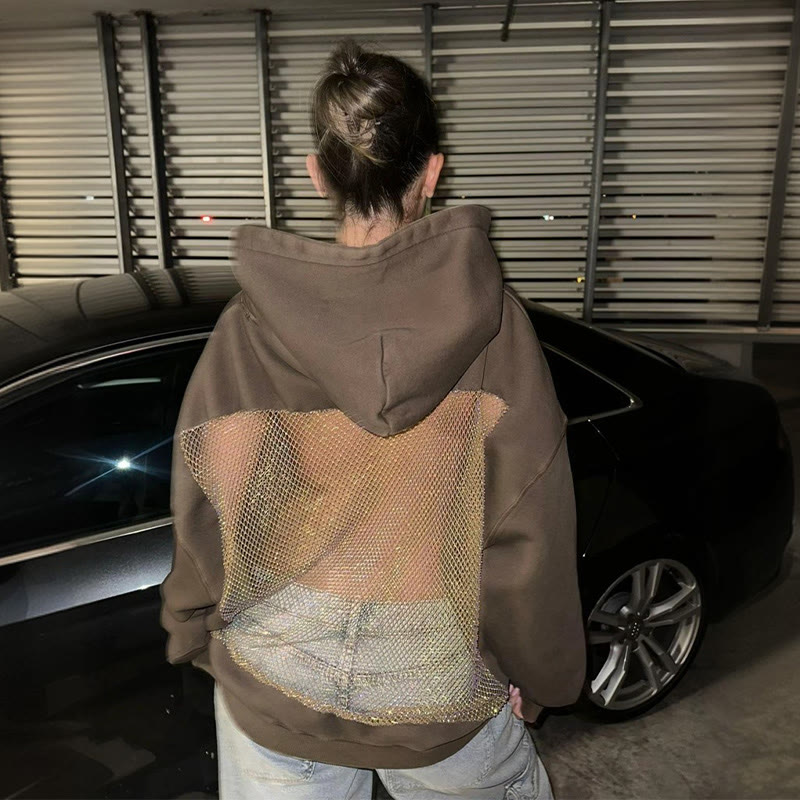 Solid Color Hollow Mesh Splicing Long-sleeved Hoodie - image 11