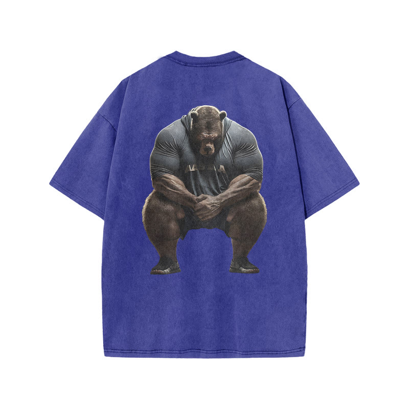 100% Cotton Silent Strong Muscle Bear Gym Print Acid Washed T-shirt - Blue - US20-22(3XL) - image 7