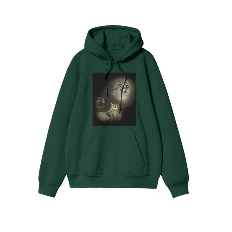 Unisex 100% Cotton Cat And Wine Print Hoodie - Green - US16-18(2XL) - image 6