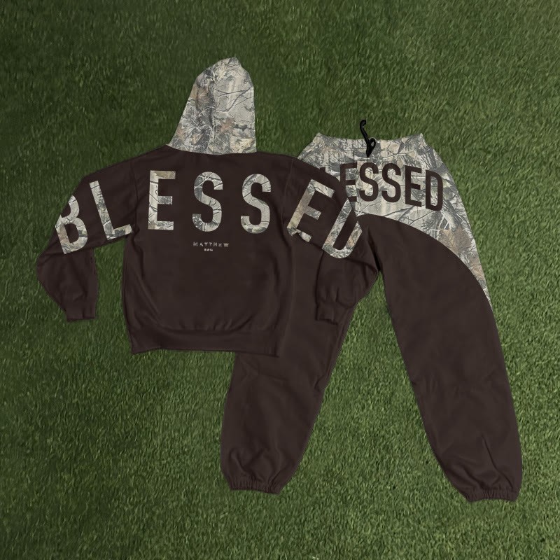 Blessed Dead Leaves Camouflage Print Hoodie Set - Coffee - 8XL - image 5