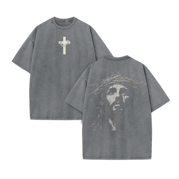 Unisex Jesus Face Print Acid Washed T-shirt - Grey - US20-22(3XL) - image 4