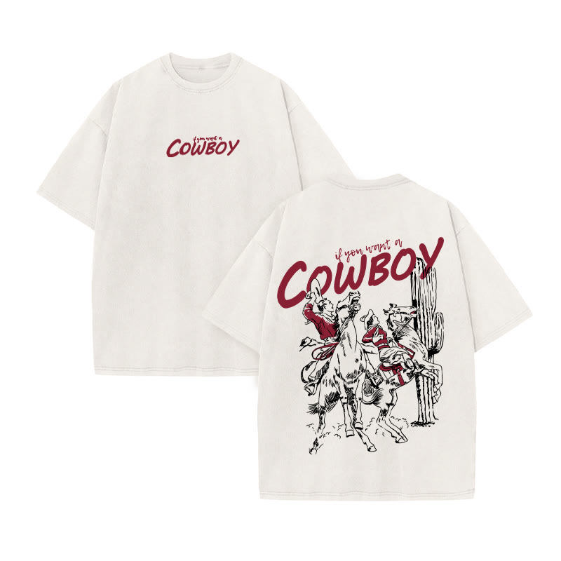 Unisex 100% Cotton Cowboy Print Acid Washed T-shirt