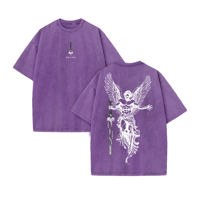 Unisex Jesus Is King Print Acid Washed T-shirt - Purple - US20-22(3XL) - image 9