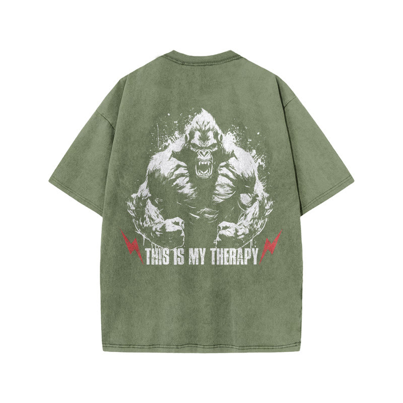 100% Cotton This Is My Therapy Gym Print Acid Washed T-shirt - Army Green - US20-22(3XL) - image 8