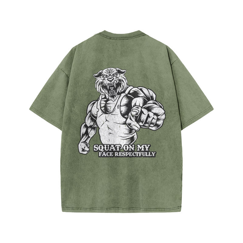 100% Cotton Squat On My Face Respectfully Gym Print Acid Washed T-shirt - Army Green - US20-22(3XL) - image 7