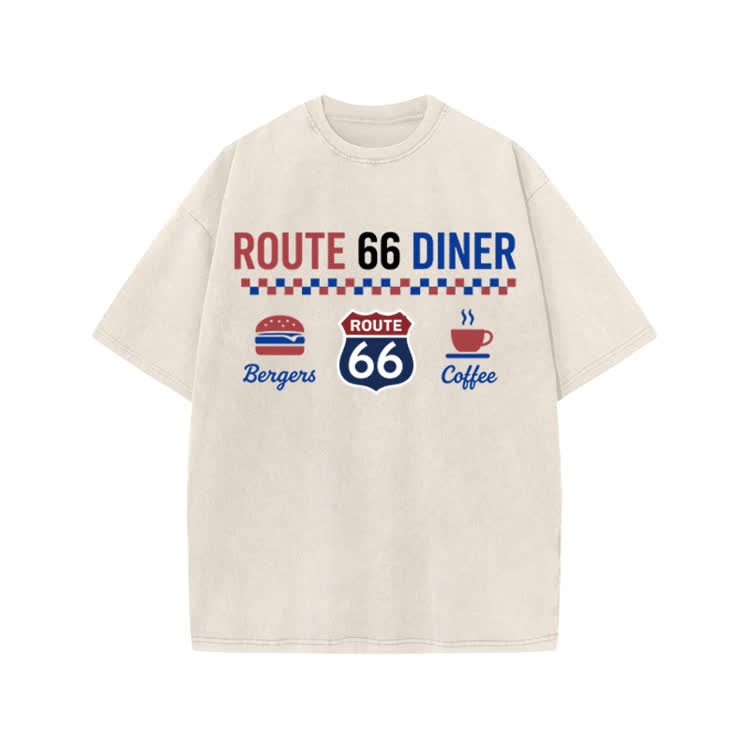 Route 66 Diner Vintage Graphic Print Acid Washed T-shirt - Beige - US20-22(3XL) - image 3