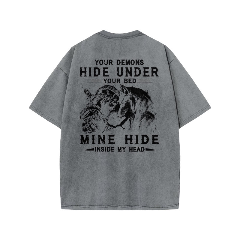 100% Cotton Viking Your Demons Hide Under You Gym Print Acid Washed T-shirt - Grey - US20-22(3XL) - image 3