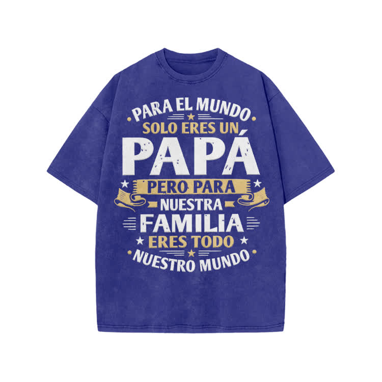 Papa, For Our Family, You Are The World Graphic Print Acid Washed T-Shirt - Blue - US20-22(3XL) - image 8