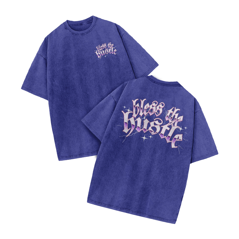 Bless The Hustle Print Acid Washed T-shirt - Blue - US20-22(3XL) - image 6