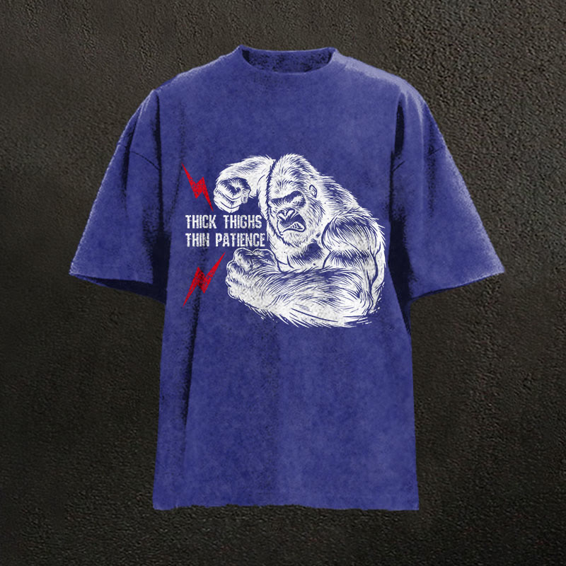 100% Cotton Thick Thighs Thin Patience Gym Print Acid Washed T-shirt - Blue - US20-22(3XL) - image 5