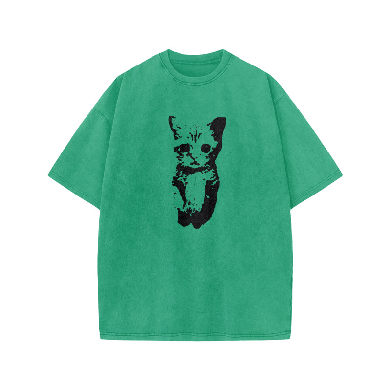 Unisex 100% Cotton Cute Cat Print Acid Washed T-shirt - Green - US20-22(3XL) - image 9