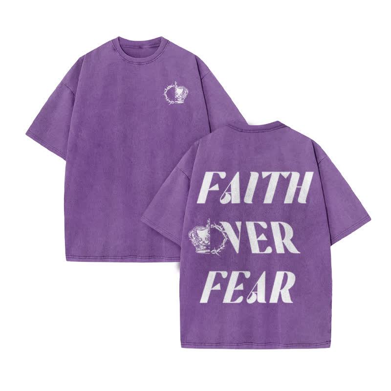Unisex  Faith Over Fear Print Acid Washed T-shirt - Purple - US20-22(3XL) - image 9