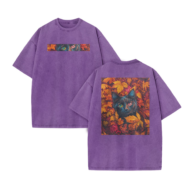 A Black Cat In A Field Of Maple Leaves Print Acid Washed T-shirt - Purple - US20-22(3XL) - image 9