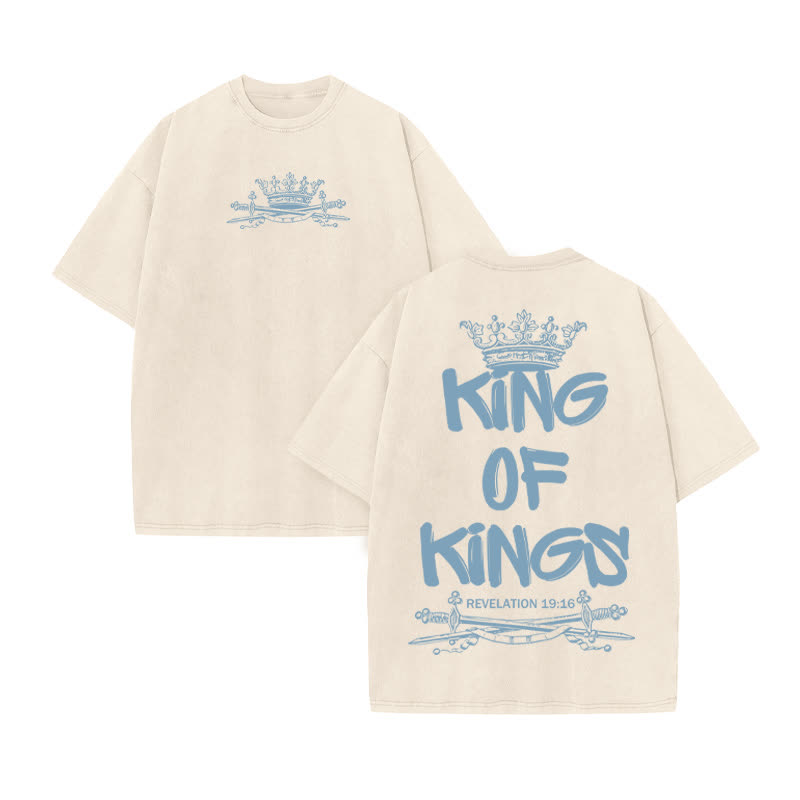 Unisex 100% Cotton King Of Kings Crown Saber Print Acid Washed T-shirt - Beige - US20-22(3XL) - image 3