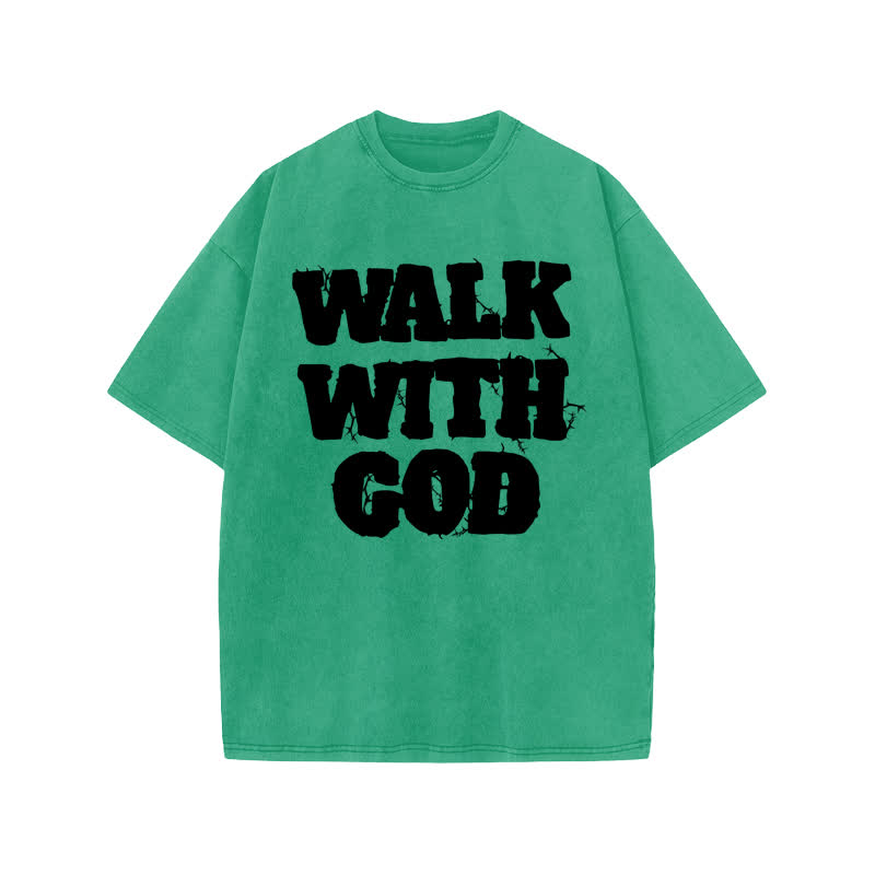 Unisex 100% Cotton Walk With God Thorn Lines Print Acid Washed T-shirt - Green - US20-22(3XL) - image 6