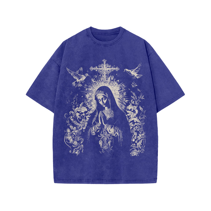 Unisex 100% Cotton Praying Virgin Mary Print Acid Washed T-shirt - Blue - US20-22(3XL) - image 8