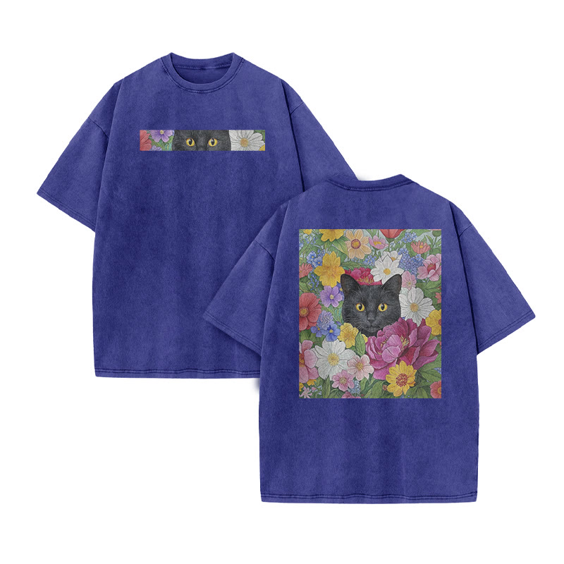 A Black Cat In A Field Of Colorful Flowers Print Acid Washed T-shirt - Blue - US20-22(3XL) - image 10