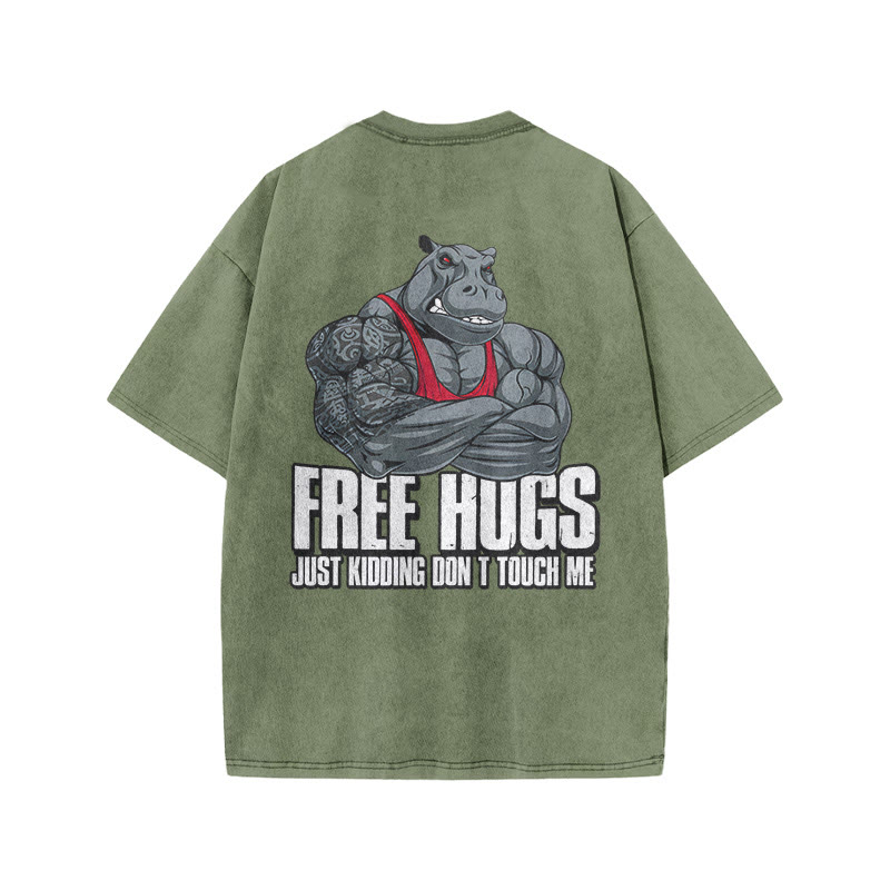 100% Cotton FREE HUGS Gym Print Acid Washed T-shirt - Army Green - US20-22(3XL) - image 7