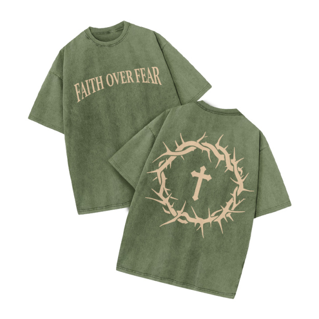 Streetwear Faith Over Fear Graphic Print Acid Washed T-Shirt - Army Green - US20-22(3XL) - image 8